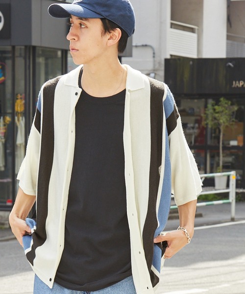 専用出品 CODDERR】オーバーサイズ ライン柄ニット半袖シャツ MONO-MART