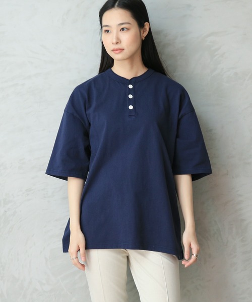 【関税込み】We11done ブルー コットン ヘンリーネック Goodwear】USAコットン袖リブヘンリーネックBIGロンT｜メンズ