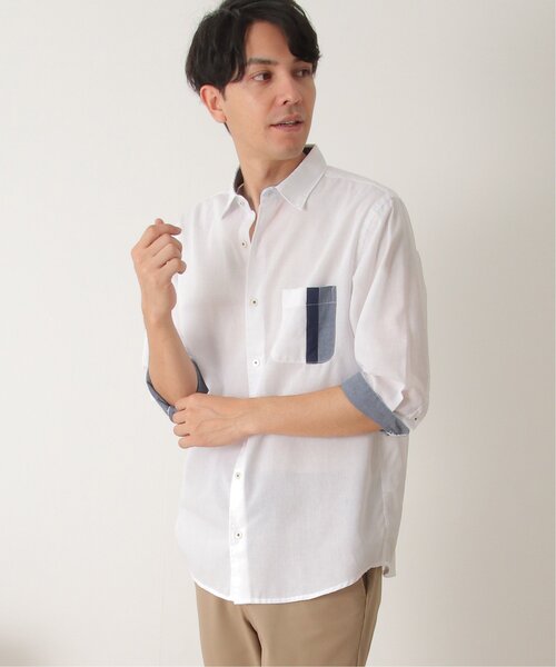 ikka(イッカ)の「7分リネン混切り替えポケットシャツ(シャツ/ブラウス・メンズ・ホワイト/ネイビー/オリーブ・S/M/L/XL)」の19枚目の写真