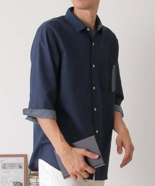 ikka(イッカ)の「7分リネン混切り替えポケットシャツ(シャツ/ブラウス・メンズ・ホワイト/ネイビー/オリーブ・S/M/L/XL)」の1枚目の写真