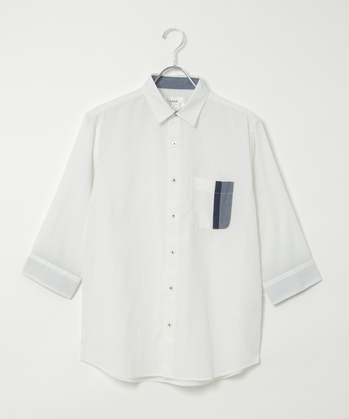 ikka(イッカ)の「7分リネン混切り替えポケットシャツ(シャツ/ブラウス・メンズ・ホワイト/ネイビー/オリーブ・S/M/L/XL)」の4枚目の写真