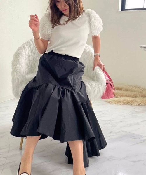 M y u(ミュー)の「フラワーパフスリーブ トップス(Tシャツ/カットソー・レディース・ホワイト/ブラック/ネイビー/ピンク・FREE/L)」の7枚目の写真