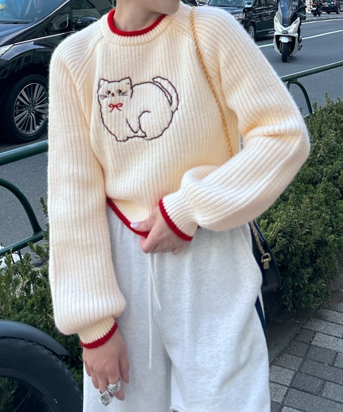 Alley by w closet（アリーバイダブルクローゼット）の「【Alley】ネコ刺しゅうニットプルオーバー（ニット/セーター・レディース・オフホワイト/ネイビー・FREE）」の14枚目の写真