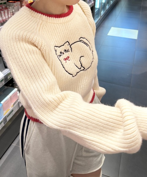 Alley by w closet（アリーバイダブルクローゼット）の「【Alley】ネコ刺しゅうニットプルオーバー（ニット/セーター・レディース・オフホワイト/ネイビー・FREE）」の16枚目の写真