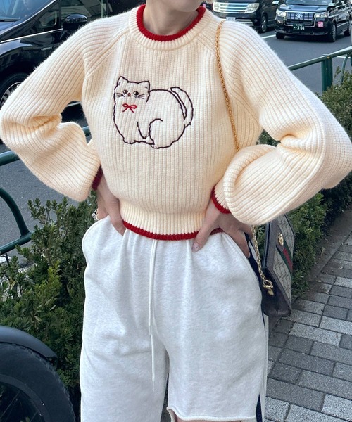 Alley by w closet（アリーバイダブルクローゼット）の「【Alley】ネコ刺しゅうニットプルオーバー（ニット/セーター・レディース・オフホワイト/ネイビー・FREE）」の18枚目の写真