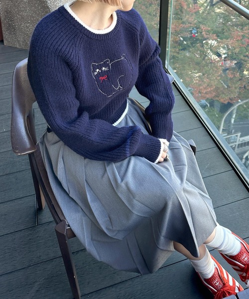 Alley by w closet（アリーバイダブルクローゼット）の「【Alley】ネコ刺しゅうニットプルオーバー（ニット/セーター・レディース・オフホワイト/ネイビー・FREE）」の8枚目の写真
