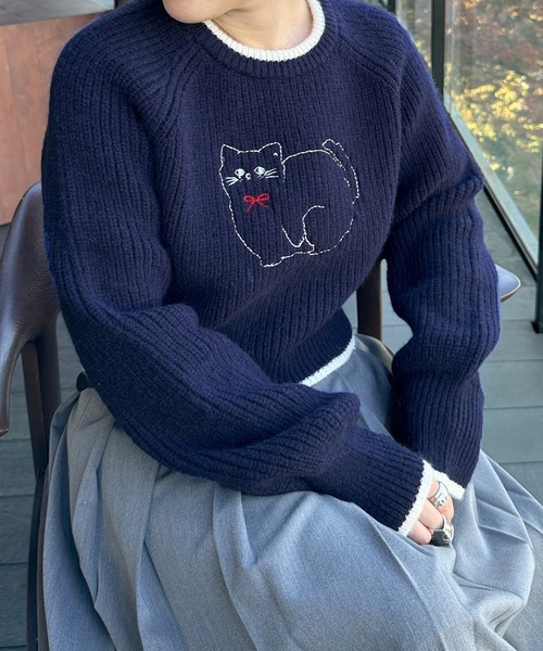Alley by w closet（アリーバイダブルクローゼット）の「【Alley】ネコ刺しゅうニットプルオーバー（ニット/セーター・レディース・オフホワイト/ネイビー・FREE）」の10枚目の写真