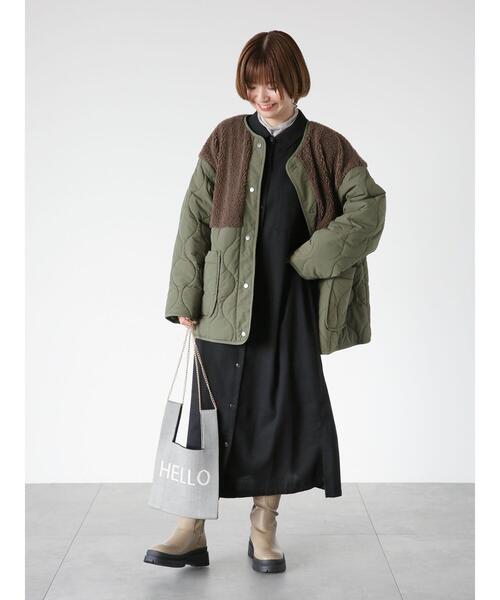 Lugnoncure（ルノンキュール）の「ノーカラーボアキルト切替コート（その他アウター・レディース・カーキ/ブラック/オフホワイト・F）」の5枚目の写真