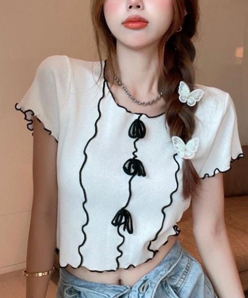 SpRay（スプレイ）の「リボンメロウショートスリーブブラウス（シャツ/ブラウス・レディース・オフホワイト/ブラック・FREE）」の2枚目の写真