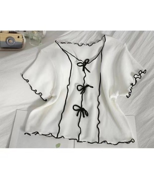 SpRay（スプレイ）の「リボンメロウショートスリーブブラウス（シャツ/ブラウス・レディース・オフホワイト/ブラック・FREE）」の4枚目の写真