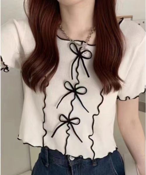 SpRay（スプレイ）の「リボンメロウショートスリーブブラウス（シャツ/ブラウス・レディース・オフホワイト/ブラック・FREE）」の3枚目の写真