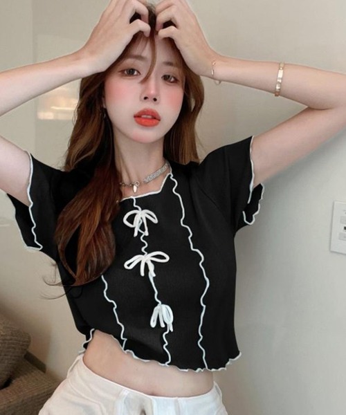 SpRay（スプレイ）の「リボンメロウショートスリーブブラウス（シャツ/ブラウス・レディース・オフホワイト/ブラック・FREE）」の7枚目の写真