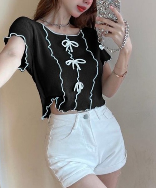 SpRay（スプレイ）の「リボンメロウショートスリーブブラウス（シャツ/ブラウス・レディース・オフホワイト/ブラック・FREE）」の8枚目の写真