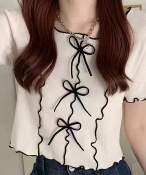 SpRay（スプレイ）の「リボンメロウショートスリーブブラウス（シャツ/ブラウス・レディース・オフホワイト/ブラック・FREE）」の9枚目の写真