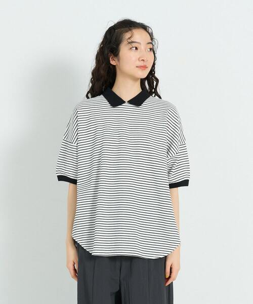 conges payes ADIEU TRISTESSE(コンジェ ペイエ アデュートリステス)の「シャツテールポロ(Tシャツ/カットソー・レディース・グリーン/ライトグレー/ストライプ・FREE)」の3枚目の写真