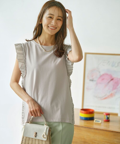 組曲（クミキョク）の「Jazzy-Jersey フリル袖Ｔシャツ（Tシャツ/カットソー・レディース・ピンク系/ブラック系/ブルー系/アイボリー系・3/2）」の4枚目の写真