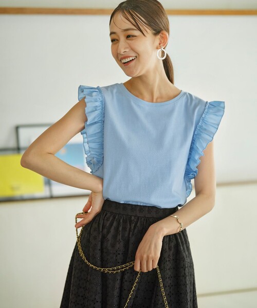 組曲（クミキョク）の「Jazzy-Jersey フリル袖Ｔシャツ（Tシャツ/カットソー・レディース・ピンク系/ブラック系/ブルー系/アイボリー系・3/2）」の5枚目の写真
