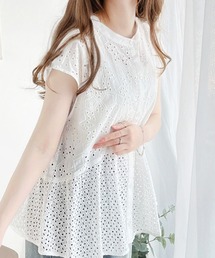 上品な透け感が◎綿100%前後2wayコットンレースぺプラムブラウス