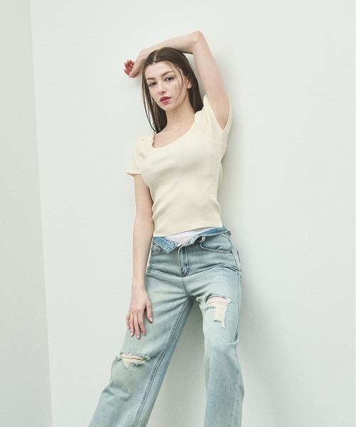 MOCOA'S（モコアズ）の「ラウンドネックリブニットトップス（Tシャツ/カットソー・レディース・ナチュラル/ブラック・FREE）」の16枚目の写真