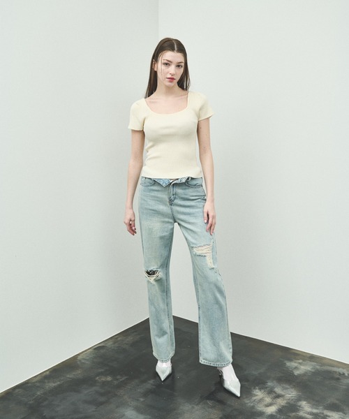 MOCOA'S（モコアズ）の「ラウンドネックリブニットトップス（Tシャツ/カットソー・レディース・ナチュラル/ブラック・FREE）」の15枚目の写真