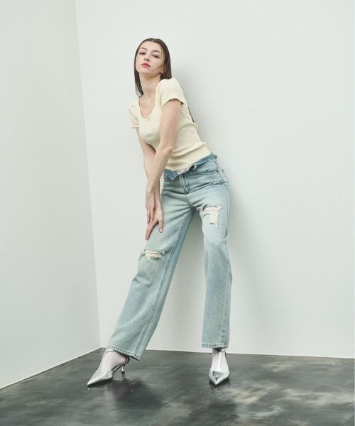 MOCOA'S（モコアズ）の「ラウンドネックリブニットトップス（Tシャツ/カットソー・レディース・ナチュラル/ブラック・FREE）」の14枚目の写真