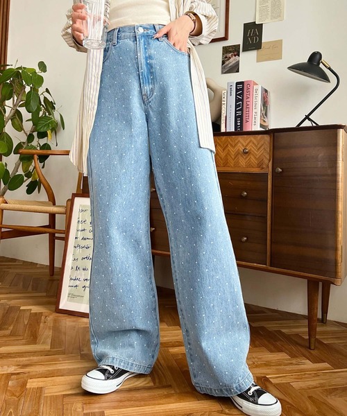 セール】ドット＆ハート＆リボンプリントデニムパンツ（デニムパンツ