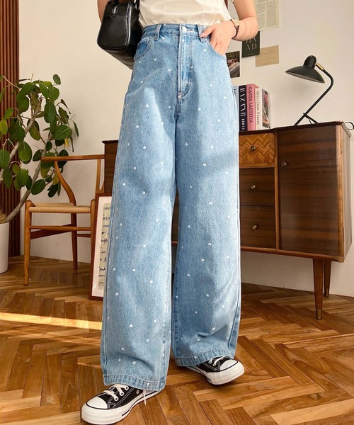 セール】ドット＆ハート＆リボンプリントデニムパンツ（デニムパンツ