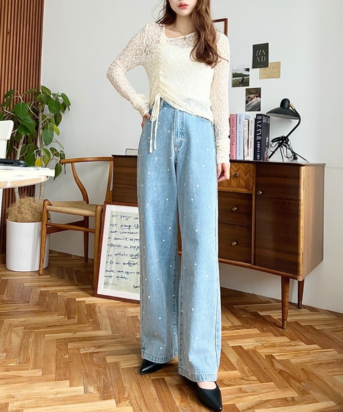 セール】ドット＆ハート＆リボンプリントデニムパンツ（デニムパンツ