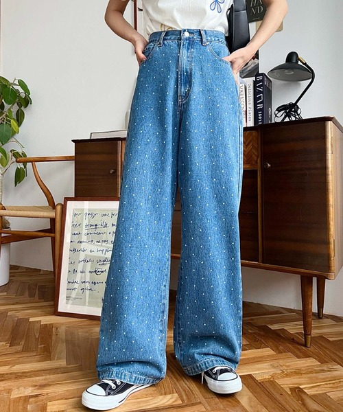 セール】ドット＆ハート＆リボンプリントデニムパンツ（デニムパンツ