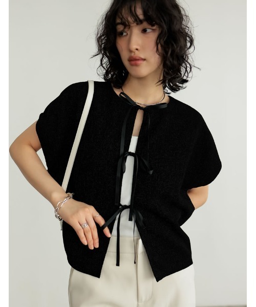 Re:EDIT（リエディ）の「前後2WAYサマーツイードリボンフレンチスリーブトップス（シャツ/ブラウス・レディース・アイボリー/ブラック/ブラック系その他・MEDIUM/LARGE）」の2枚目の写真