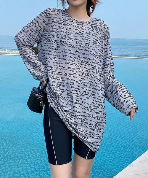 M シアー ラッシュガード 水着 3点セット くすみブルー ラメ入り レディース M ラメ シアー ラッシュガード 水着 3点セット くすみブルー