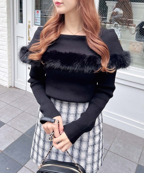 CLASS roberto cavalli ファーつきニットケープ 美人百花掲載》ファートリミングケープニット【洗濯機洗い可