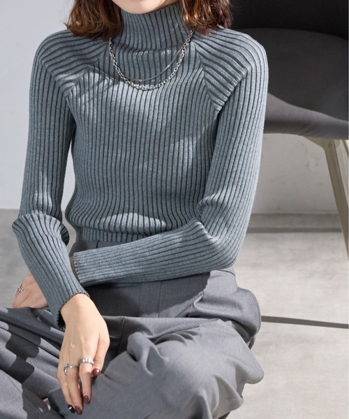 スローブイエナ　ブルー　ハイネックニット ワイドリブ　ゆったりニット　ロング丈 スローブイエナ ハイネック ニット サックス ブルー｜Yahoo