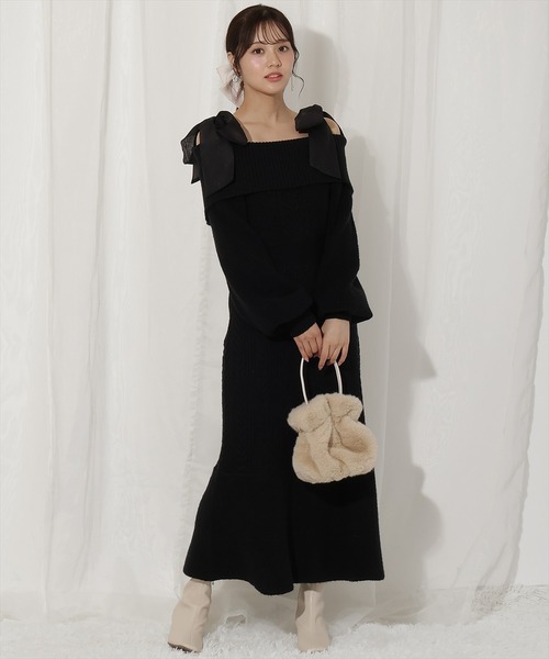 WILLSELECTION（ウィルセレクション）の「肩リボンケーブルニットワンピース（ワンピース・レディース・ピンク/オフホワイト/ブラック・FREE）」の21枚目の写真