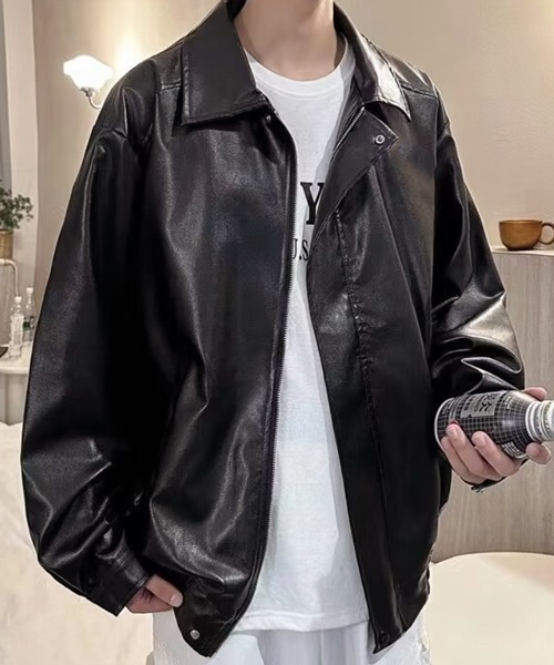 NOWLE（ノウル）の「【NOWLE】ジップアップ 合皮 ジャケット（ブルゾン・メンズ・オフホワイト/ブラウン/ブラック・LARGE/X-LARGE/MEDIUM）」の3枚目の写真