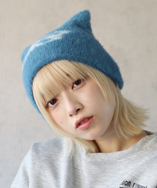 BARELY BLUE（ベアリーブルー）の「【 BARELY BLUE / ベアリーブルー 】 猫耳 バタフライ ニット帽/ビーニー（ニットキャップ/ビーニー・レディース・ブラック/グレー/エメラルド/ブルーグレー・FREE）」の3枚目の写真