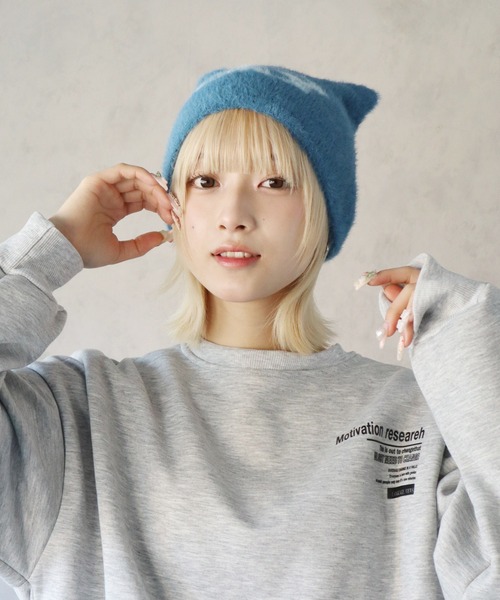 BARELY BLUE（ベアリーブルー）の「【 BARELY BLUE / ベアリーブルー 】 猫耳 バタフライ ニット帽/ビーニー（ニットキャップ/ビーニー・レディース・ブラック/グレー/エメラルド/ブルーグレー・FREE）」の7枚目の写真