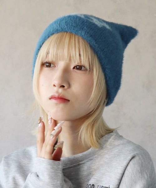 BARELY BLUE（ベアリーブルー）の「【 BARELY BLUE / ベアリーブルー 】 猫耳 バタフライ ニット帽/ビーニー（ニットキャップ/ビーニー・レディース・ブラック/グレー/エメラルド/ブルーグレー・FREE）」の8枚目の写真