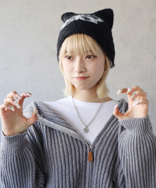 BARELY BLUE（ベアリーブルー）の「【 BARELY BLUE / ベアリーブルー 】 猫耳 バタフライ ニット帽/ビーニー（ニットキャップ/ビーニー・レディース・ブラック/グレー/エメラルド/ブルーグレー・FREE）」の15枚目の写真