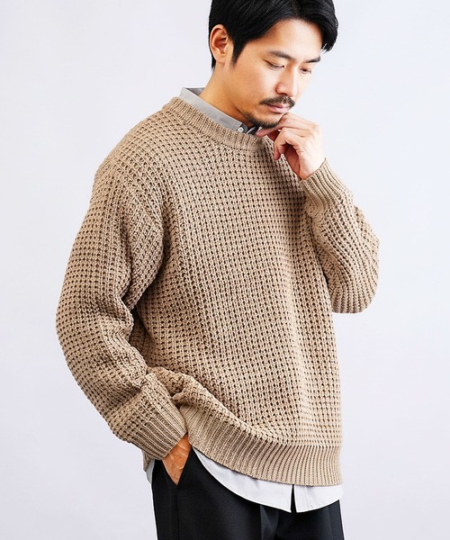 jiggys shop(ジギーズショップ)の「ビッグワッフル編みクルーニットセーター(ニット/セーター・メンズ・グレー/ブラック/キャメル/オレンジ・MEDIUM/LARGE/X-LARGE)」の3枚目の写真