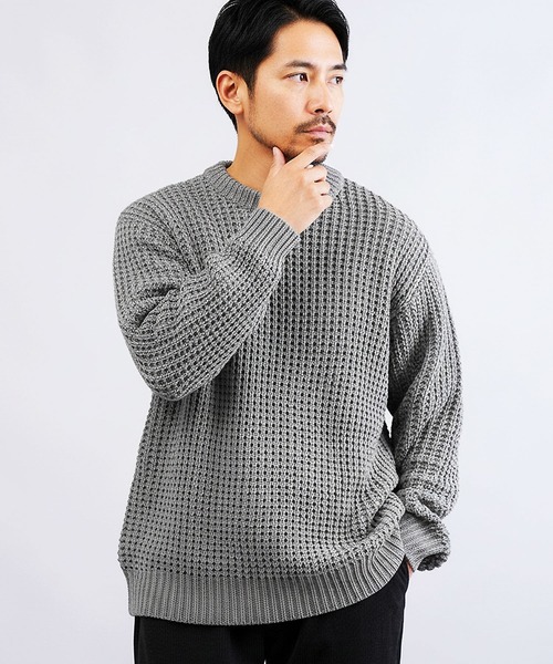 jiggys shop(ジギーズショップ)の「ビッグワッフル編みクルーニットセーター(ニット/セーター・メンズ・グレー/ブラック/キャメル/オレンジ・MEDIUM/LARGE/X-LARGE)」の1枚目の写真