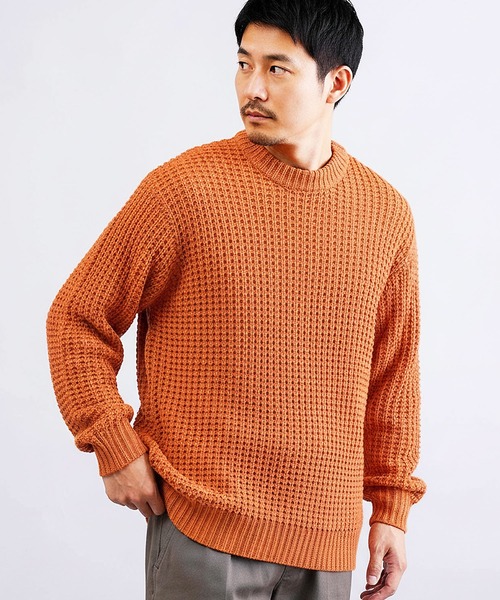 jiggys shop(ジギーズショップ)の「ビッグワッフル編みクルーニットセーター(ニット/セーター・メンズ・グレー/ブラック/キャメル/オレンジ・MEDIUM/LARGE/X-LARGE)」の4枚目の写真