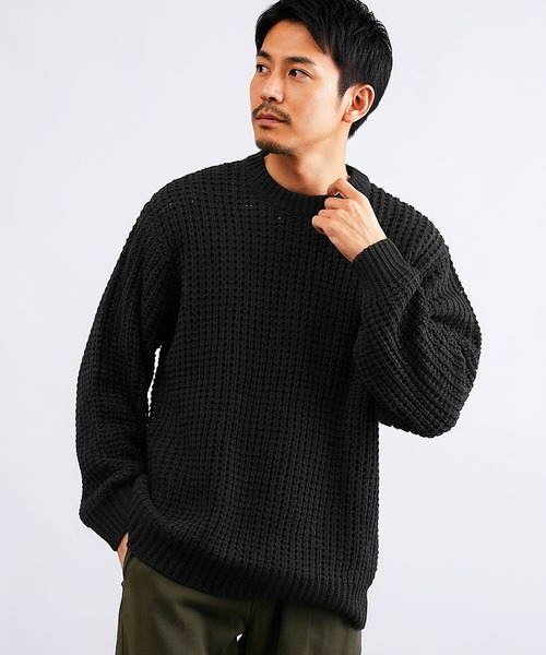 jiggys shop(ジギーズショップ)の「ビッグワッフル編みクルーニットセーター(ニット/セーター・メンズ・グレー/ブラック/キャメル/オレンジ・MEDIUM/LARGE/X-LARGE)」の2枚目の写真
