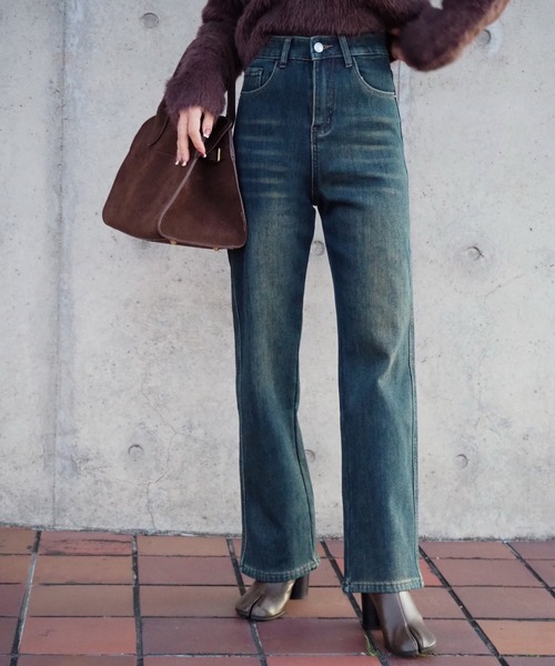 LAULEN（ローレン）の「fleece lining high waist denim /裏起毛ハイウエストストレッチストレートデニムパンツ（デニムパンツ・レディース・ダークブルー/ライトブルー/ブルー・XS/S/M/L）」の3枚目の写真