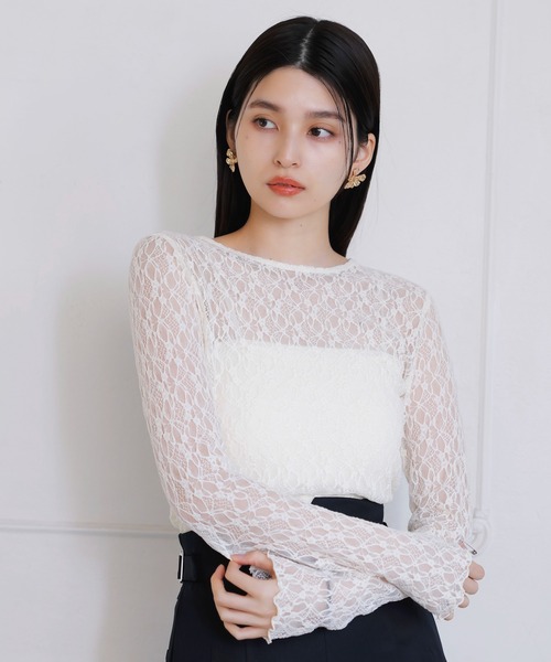 VIS（ビス）の「クルーネックインナートップス（レース・チェック・ラメ・シアー）（Tシャツ/カットソー・レディース・オフホワイト/ブラウン系その他2/ブラック/グレー系その他/ホワイト系その他/ミント/ブラック系その他/シルバー・FREE）」の2枚目の写真