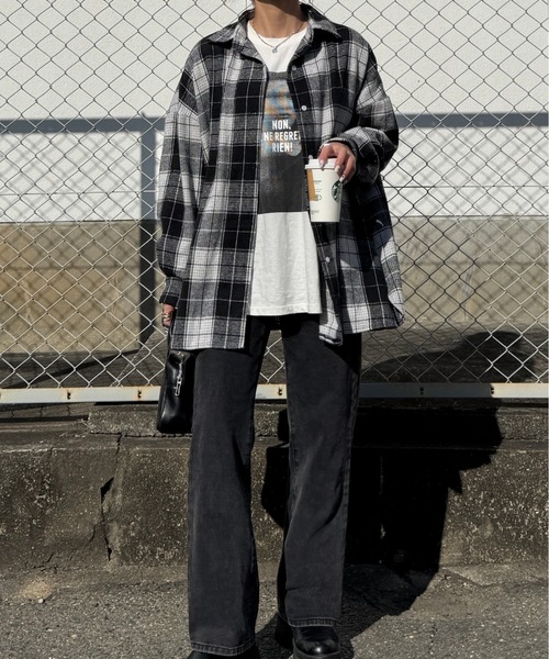 ISOOK（アイスー）の「タータンチェックオーバーシャツ(chiica select) / ルーズ丈 長袖 レギュラーカラー ブラウス（シャツ/ブラウス・レディース・ピンク/ブラック・FREE）」の8枚目の写真