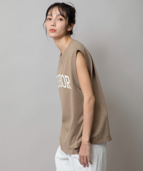 tシャツ スリーブレスロゴプリントＴシャツ レディース 楽天市場】ロゴ プリント フレンチスリーブ Tシャツ レディース