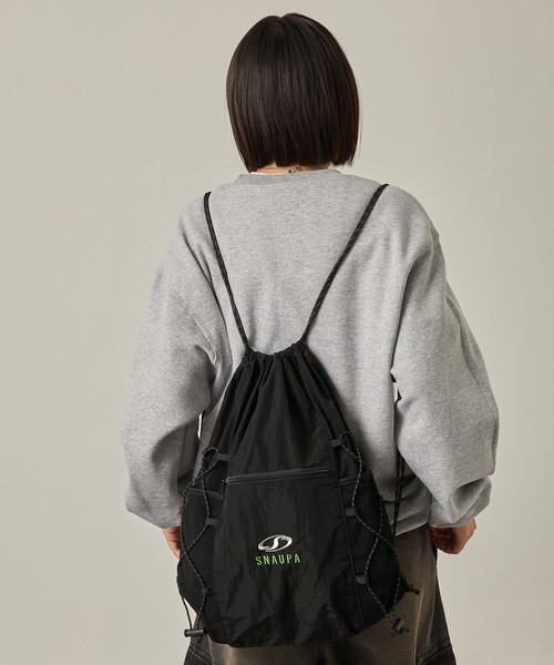 ネイビー ブラック グリーン チェック ドローコード バックパック ナップサック セール】【Snap club】ロゴ刺繍 ナイロン ダブルドローコード