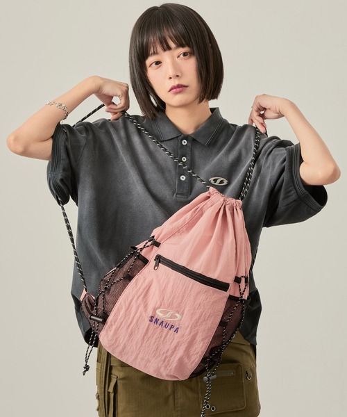 Snap club】ロゴ刺繍 ナイロン ダブルドローコード ナップサック