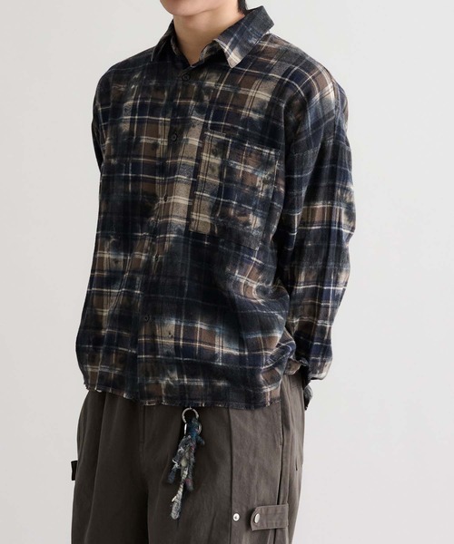 鎌倉テイクオフ　チェックシャツブラウス EPNK】Tie-dye cut off check shirt / タイダイカットオフ